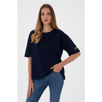 Kadın Lacivert Oversize Bisiklet Yaka Tişört