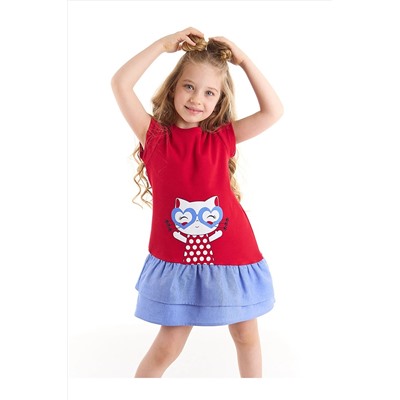 Denokids Kedi Fırfırlı Kırmızı Kız Çocuk Elbise CFF-22Y2-005