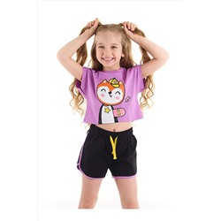 Denokids Sincap Kız Çocuk Crop Top Lila T-shirt Siyah Şort Takım CFF-22Y2-019