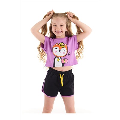 Denokids Sincap Kız Çocuk Crop Top Lila T-shirt Siyah Şort Takım CFF-22Y2-019