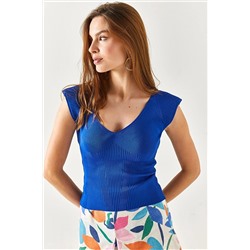 Olalook Kadın Saks Mavi Omuzu Vatka Efektli Crop Triko Bluz BLZ-19002347