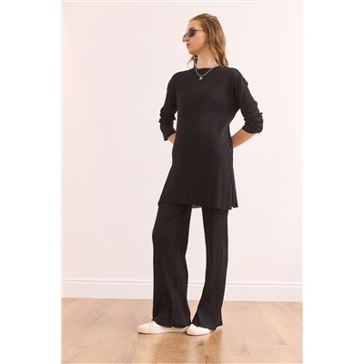 Olalook Kadın Siyah Üst Yırtmaçlı Bluz Alt Palazzo Fitilli Takım TKM-19000180