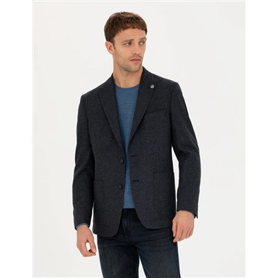 Lacivert Slim Fit Yün Karışımlı Ceket
