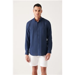 Avva Erkek Indigo Düğmeli Yaka Dokulu Pamuklu Slim Fit Dar Kesim Gömlek E002050