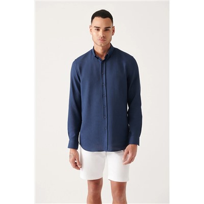 Avva Erkek Indigo Düğmeli Yaka Dokulu Pamuklu Slim Fit Dar Kesim Gömlek E002050
