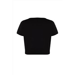 Siyah Regular Slogan Baskılı Crop Boy %100 Pamuk Örme Büyük Beden T-shirt TBBSS23BF00069