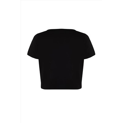 Siyah Regular Slogan Baskılı Crop Boy %100 Pamuk Örme Büyük Beden T-shirt TBBSS23BF00069