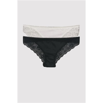 Pierre CardinKadın Siyah-ekru 2642 Dantel Saten Slip 2li Paket Slip