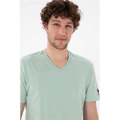 Erkek Regular Fit  V Yaka Su Yeşili Basic Tişört