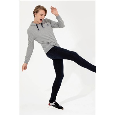 Erkek Gri Melanj Kapüşonlu Basic Sweatshirt