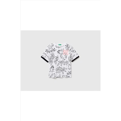 United Colors of BenettonErkek Çocuk Beyaz Mix Yaprak Desenli Etiket Logolu T-shirt Bej Mix