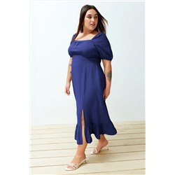 Indigo Bisiklet Yaka Eteği Fırfırlı Dokuma Elbise TBBSS24AH00066