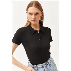 Olalook, Kadın Siyah Polo Yaka Düğmeli Likralı Bluz BLZ-19002558