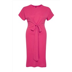 Pembe Düz Kesim Bağlama Detaylı Yırtmaçlı Maxi/Uzun %100 Pamuk Örme Büyük Beden Elbise TBBSS22EL1640
