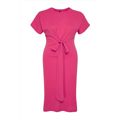 Pembe Düz Kesim Bağlama Detaylı Yırtmaçlı Maxi/Uzun %100 Pamuk Örme Büyük Beden Elbise TBBSS22EL1640