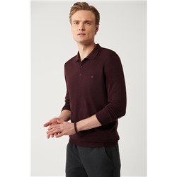 Bordo 3 Düğmeli Polo Yaka Regular Fit Standart Kesim Triko Kazak