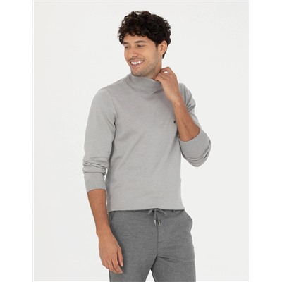 Açık Gri Melanj Slim Fit Yarım Balıkçı Basic Triko Kazak