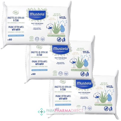 Mustela Lingettes de Coton BIO à l'Eau - LOT de 3x60 lingettesLot  × 3