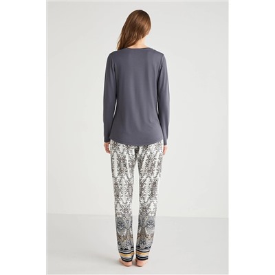Etnik desenli pijama takımı  9716 PJ TK-ANTRASIT-L