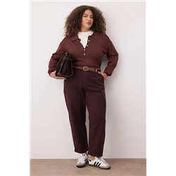 Kahverengi Yüksek Bel Kemerli Mom Fit Denim Büyük Beden Jeans TBBAW26CJ00026