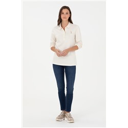 Kadın Krem Basic Polo Yaka Sweatshirt