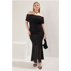 Trendyol Curve Siyah Carmen Yaka Tül Örme Büyük Beden Elbise TBBSS25AH00115