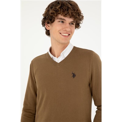 Erkek Slim Fit V Yaka Haki Melanj Basic Kazak