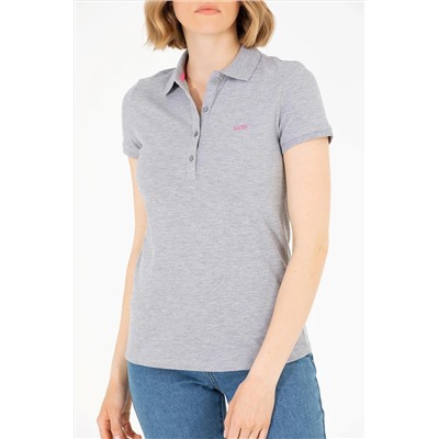 Kadın Gri Melanj Basic Polo Yaka Tişört