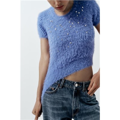 FAUX FUR SWEATER WITH RHINESTONES