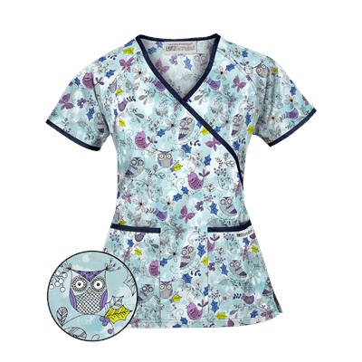 UA Doodle Owl Angel Blue Mock Wrap Scrub Top