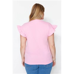 Pembe Bisiklet Yaka Kolları Fırfırlı %100 Pamuk Örme T-Shirt TBBSS23BF00006