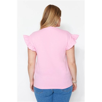 Pembe Bisiklet Yaka Kolları Fırfırlı %100 Pamuk Örme T-Shirt TBBSS23BF00006