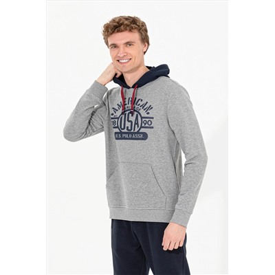 Erkek Gri Melanj Kapüşonlu Sweatshirt