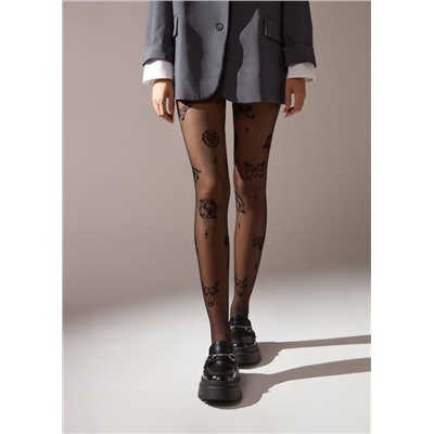 Transparente Strumpfhose 30 Denier mit Sternzeichen in Flockprint