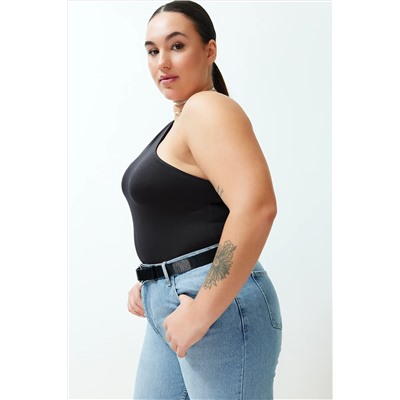 Siyah Asimetrik Yakalı Alttan Çıtçıtlı Örme Body TBBSS24AF00066