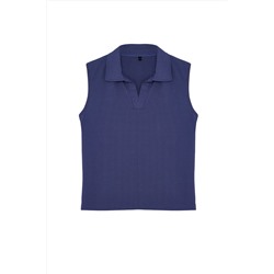 Mavi Fitted/Vücuda Oturan Polo Yaka Esnek Örme Büyük Beden Bluz TBBSS24AF00065