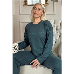 Pijamaevi Yeşil Minimalist Baskılı Bambu Uzun Kol Kadın Pijama Takımı 2217