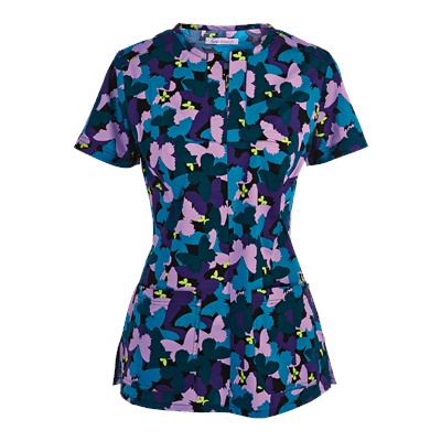 koi Stretch Scrubs Butterfly Camo Print Top