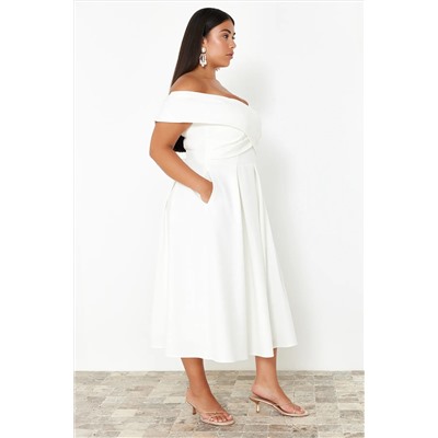 Beyaz Madonna Yaka Dokuma Büyük Beden Abiye/Bridal/Nikah/Nişan/Gece Elbisesi TBBSS24AH00117