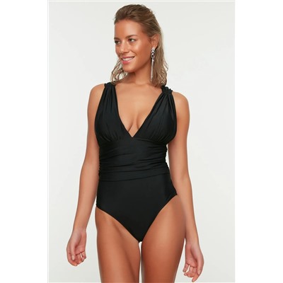 Trendyolmilla Siyah Dekolteli Drapeli Regular Core Mayo TBESS20MA0294