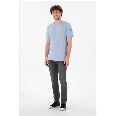Erkek Regular Fit Bisiklet Yaka Açık Mavi Basic Tişört