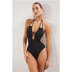 TRENDYOLMİLLA Siyah Derin V Yaka Cut Out/Pencereli Brazilian Mayokini TBESS25MY00006