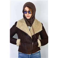 Ritnice Kadın İpli Kahverengi Balaclava Triko Bere / Başlık 1290