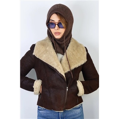 Ritnice Kadın İpli Kahverengi Balaclava Triko Bere / Başlık 1290