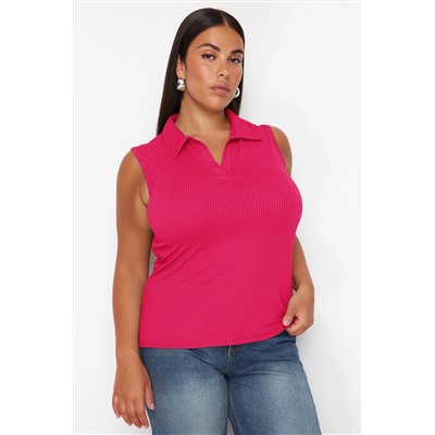 Pembe Fitted/Vücuda Oturan Polo Yaka Esnek Örme Büyük Beden Bluz TBBSS24AF00065