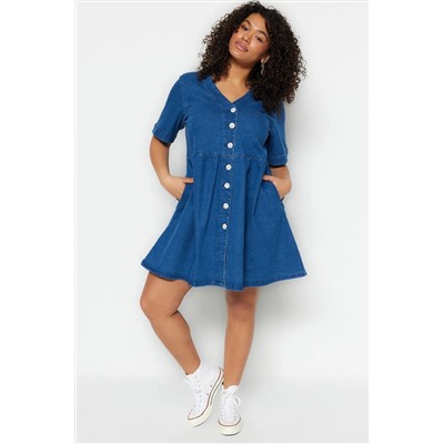 Mavi Belden Açılan/Skater V Yaka Denim Elbise TBBSS23AH00078