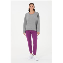 Kadın Gri Melanj Basic Bisiklet Yaka Sweatshirt
