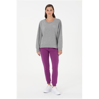 Kadın Gri Melanj Basic Bisiklet Yaka Sweatshirt