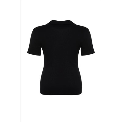 Siyah Polo Yaka Vücuda Oturan Fitilli Örme Bluz TBBSS22BZ0750