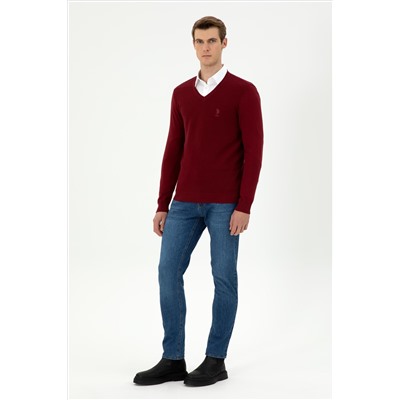 Erkek Slim Fit V Yaka Bordo Basic Kazak